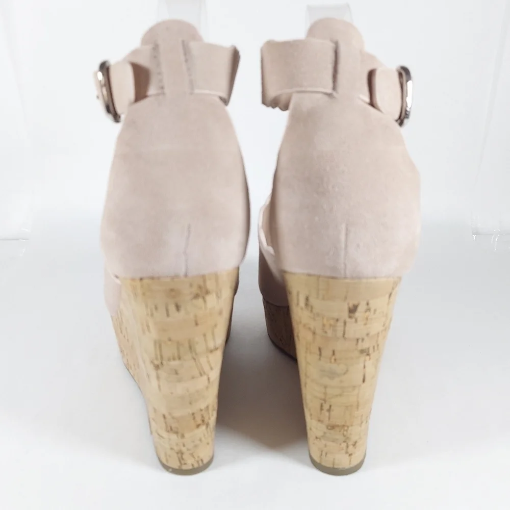 Marc Fisher HAYO Blush Pink Suede Cork Heel Wedges Scalloped Detail Size 11